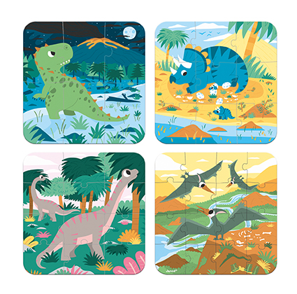 4 puzzels dinosaurus (6 - 9-12-16 stuks)