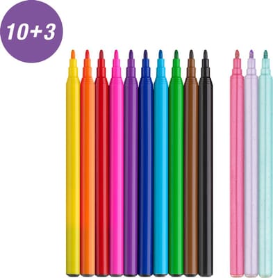Viltstiften – 10 standaardkleuren + 3 pastelkleuren met glittereffect en unicorn‑stickervel