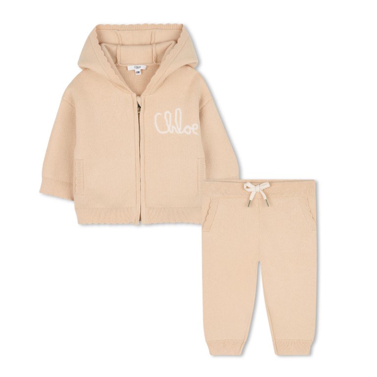 Ensemble tricoté pour bébé - cardigan à capuche et short en coton et laine biologiques