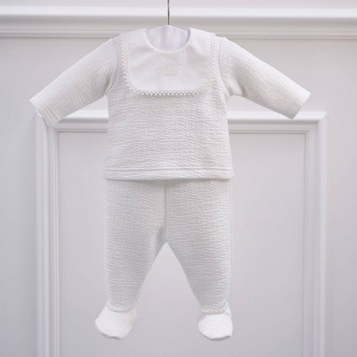Setje met bloes met das en broek ivoor 