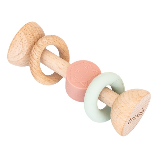 Houten rammelaar met siliconen ringen mrs. cat