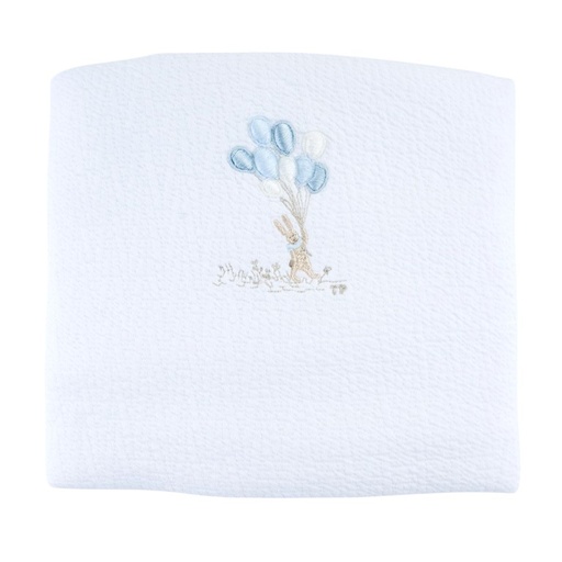 Rieten reiswieg + aankleding (Blue Garden Party) white 