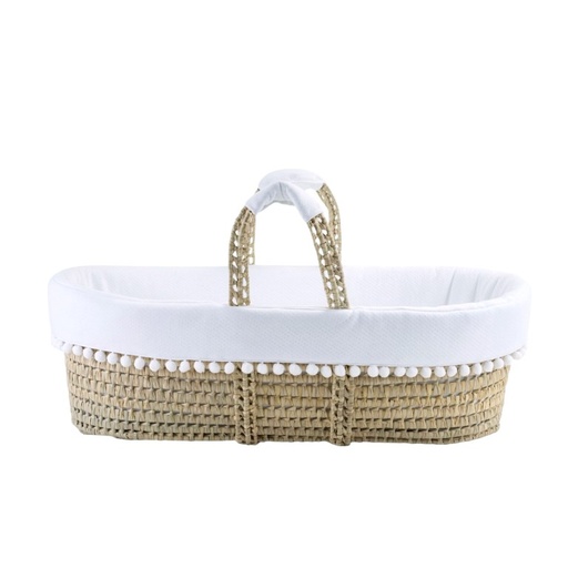 Rieten reiswieg + aankleding pompon white 