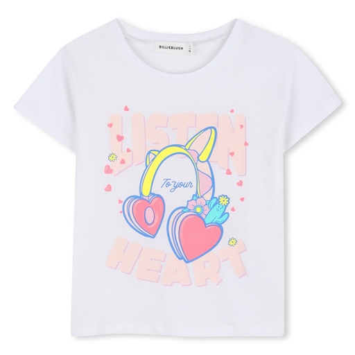 T‑shirt korte mouwen glitterprint heartbeat wit 