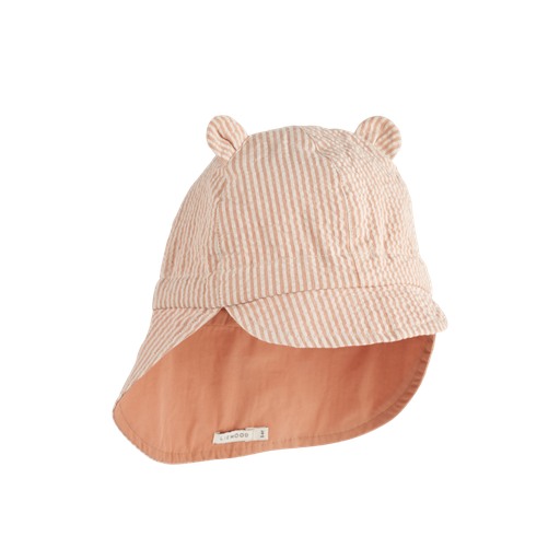 Chapeau de soleil Gorm réversible en seersucker avec protection du cou Stripe Tuscany Rose / Sandy 3/4 Y