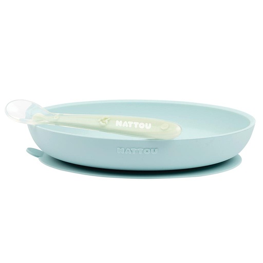 Eetset (silicone, bord + lepel) blauw-groen